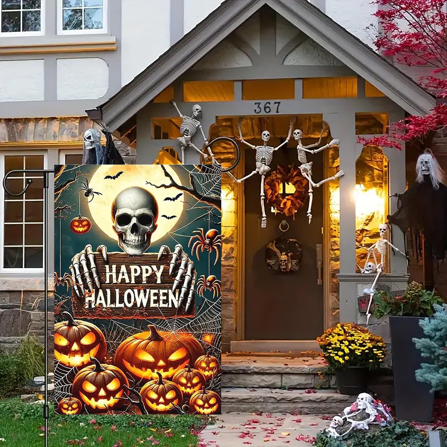 abzdfty Halloween Garden Flag 12x18 Inch Double Sided Pumpkin Skeleton Garden Flag Halloween Decorative Yard Flag for Outside, Patio, Porch and Lawn