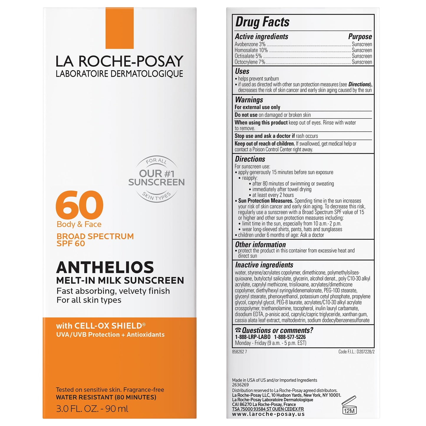 La Roche-Posay Anthelios Melt-In Milk Sunscreen SPF 60, Sunscreen For Body & Face, Broad Spectrum SPF + Antioxidants, Oil Free, Lightweight & Fast Absorbing, Oxybenzone Free