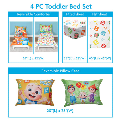 CoComelon Learning is Fun 4 Piece Toddler Bedding Set – Includes Comforter, Sheet Set – Fitted + Top Sheet + Reversible Pillowcase for Boys and Girls Bed, Letters and Music Design, Orange