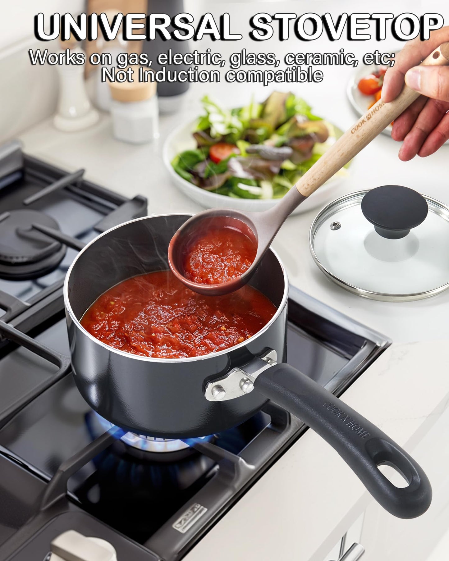 Cook N Home Nonstick Sauce Pan with Glass Lid 2-Qt, Multi-purpose Pot Saucepan Kitchenware, Black, Aluminum
