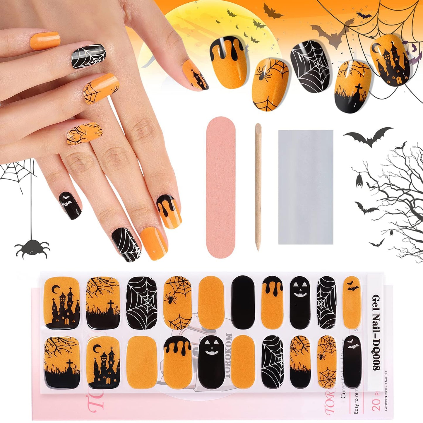 Halloween Cured Gel Nail Polish Strips, TOROKOM 20 Stickers Halloween Gel Nail Polish Stickers Full Wraps Nail Art Stickers Bat Spider Net Face Gel Stickers with Nail File and Stick