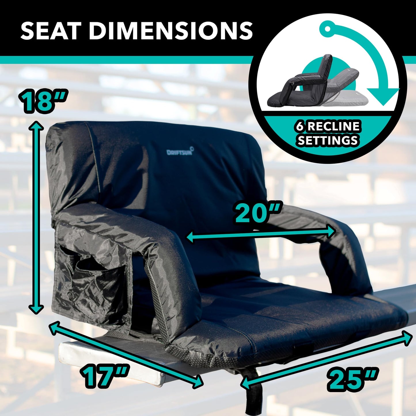 Driftsun 2 Pack Standard Size Stadium Seats with Back Support - Deluxe Foldable Stadium Chairs for Bleachers - Folding Waterproof Sport Chair - Easy to Transport