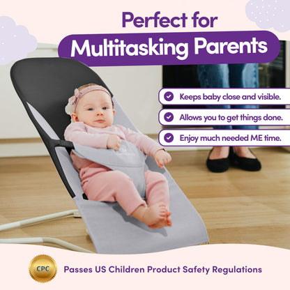 ComfyBumpy Ergonomic Baby Bouncer Seat - Bonus Travel Carry Case - Safe, Portable Bouncing Chair with Adjustable Height Positions - Infant Bouncy Seat Perfect for Newborn Babies (Grey)