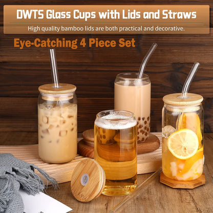 DWTS DANWEITESI Glass Cups with Lids and Straws 4 pcs,16oz Drinking Glasses Set for Coffee Bar Accessories Iced Coffee Cups with Lids,Glass Tumbler Reusable for Gifts