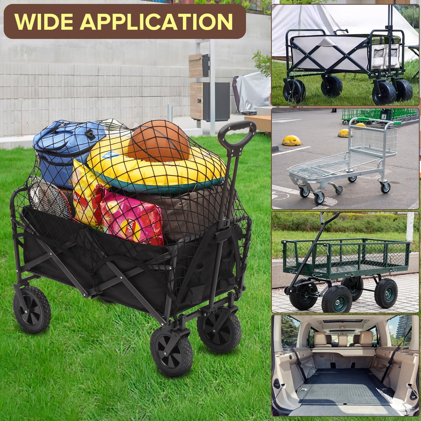 Kaskawise Small Cargo Net for Collapsible Foldable Wagon, Beach Cart, Garden Cart Cover Net - Elastic Mesh Heavy Duty Nylon Net with 6 Hooks - Outdoor Wagon Accessories (35.5"×23.6", Black)