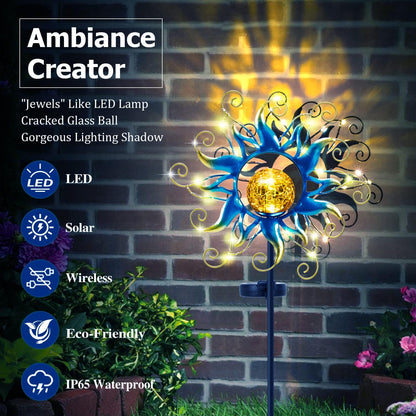Kacux Solar Lights Outdoor Garden Decor, Blue Metal Sun Crackle Glass Globe Stake Waterproof 30LED Decorations Unique Gifts for Women,Mom,Outside, Patio,Lawn,Yard,Pathway