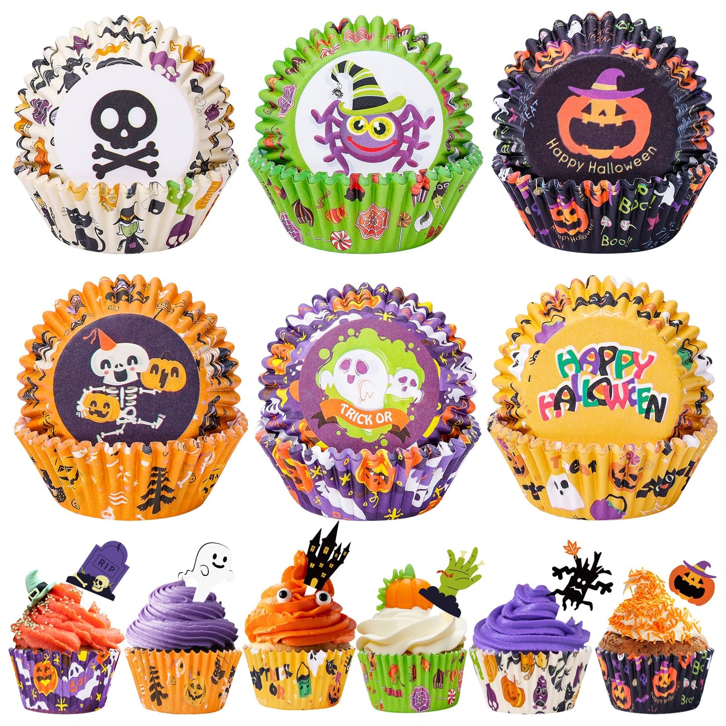 Homyplaza Halloween Cupcake Liners with Toppers Picks, Standard Wrappers Cupcake Disposable Baking Cups Muffin Liners for Halloween Party Decorations Supplies (150 Liners & 150 Toppers)