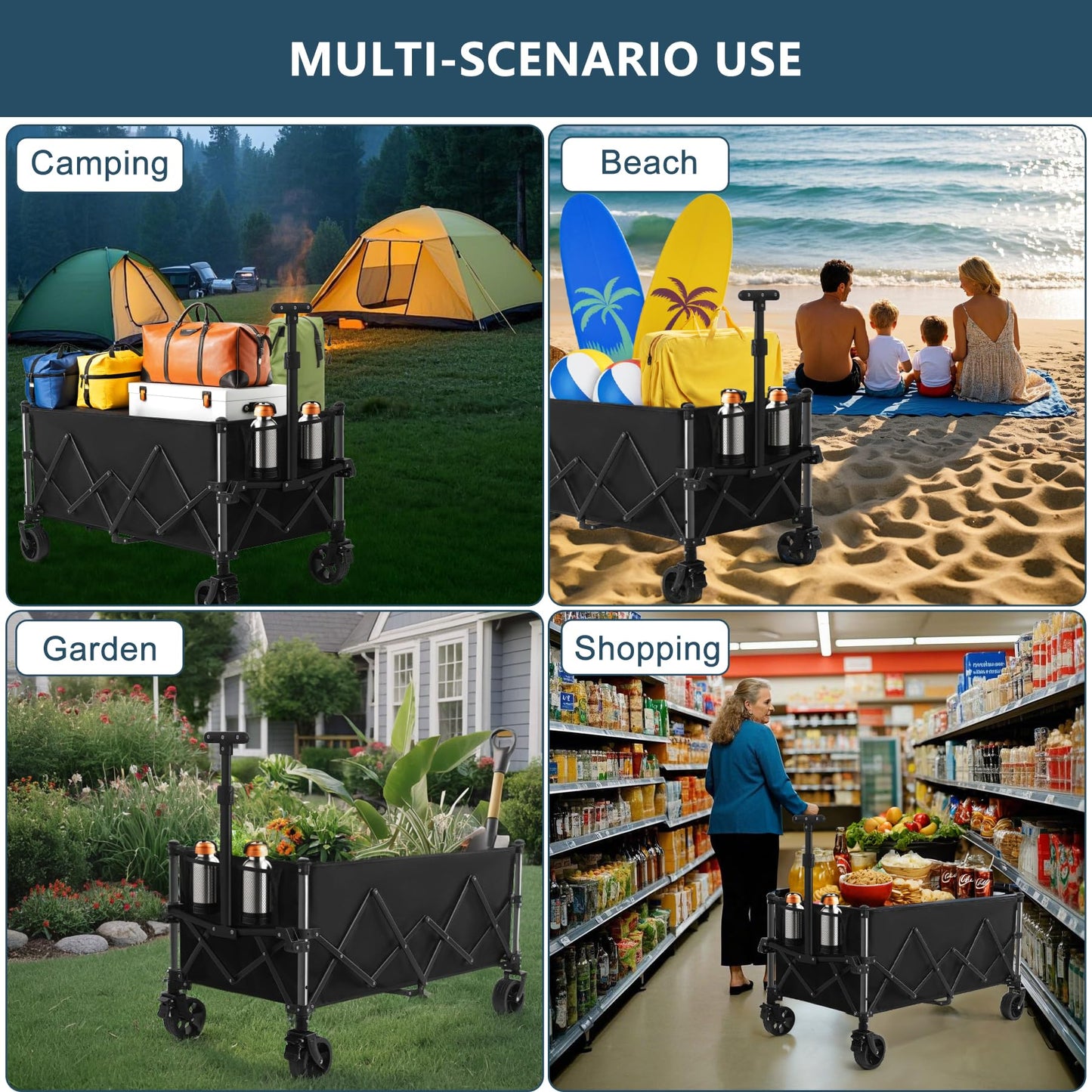 Favoyard Extra Large Collapsible Wagon Carts Foldable 220L & 360LBS Portable Folding Wagons with All-Terrain Wheels & Brakes Heavy Duty Outdoor Utility Carts for Grocery Camping Shopping Sports Garden