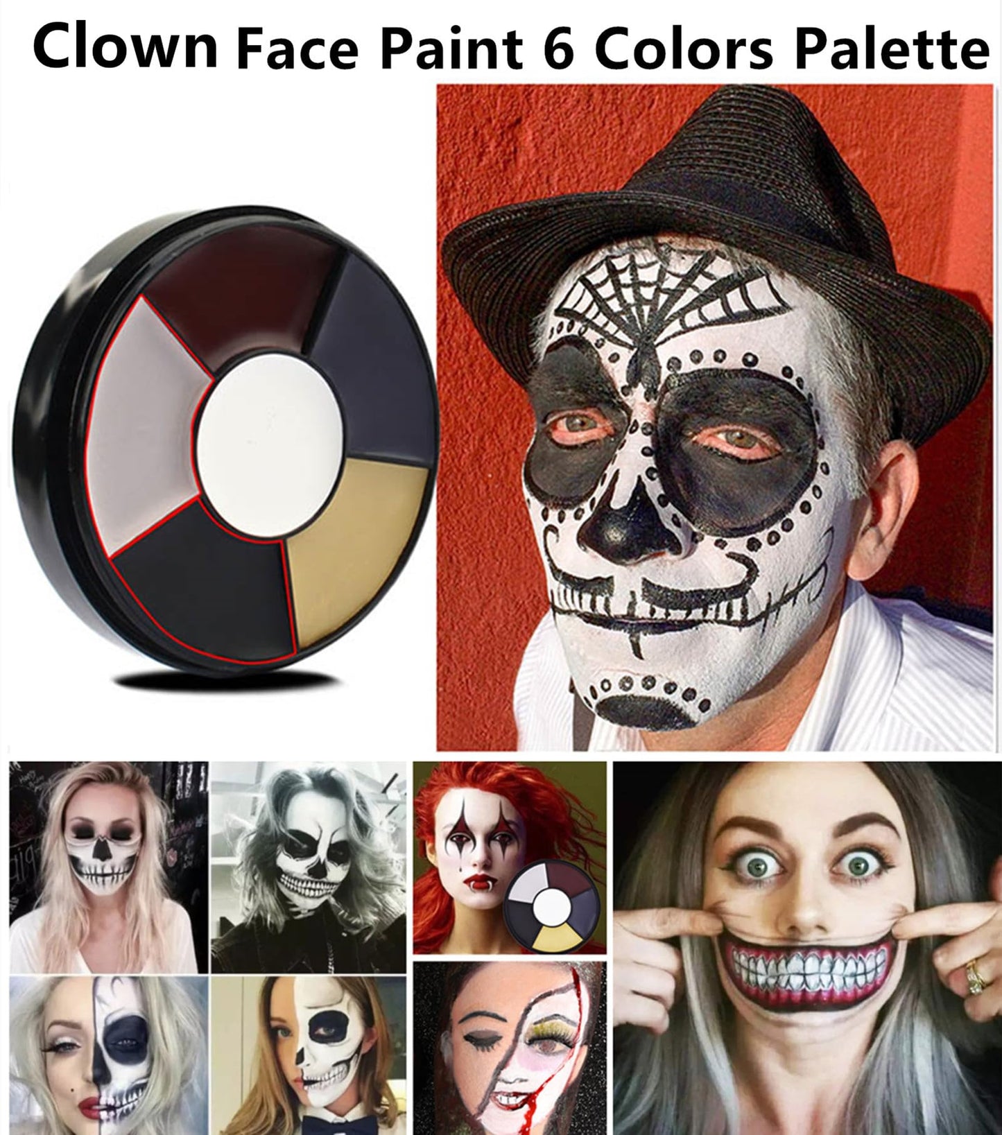 Go Ho Clown White Black Face Body Paint,6 Colors Wheel for Special Effects Zombie Makeup Kit,Halloween Professional Makeup Palettes with Sponge,Non Toxic