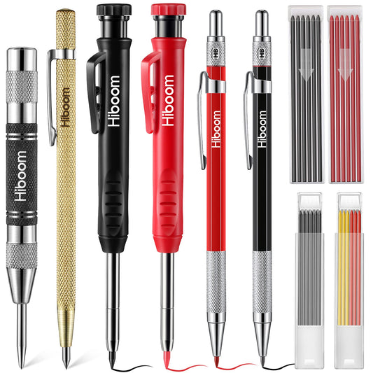 Hiboom 10 Pack Mechanical Carpenter Pencils Set with Sharpener & 36PCs 2.8mm Refills, Deep Hole Marker Pen, Automatic Center Punch, Carbide Scribe Tool, Heavy Duty Construction Pencil for Architect