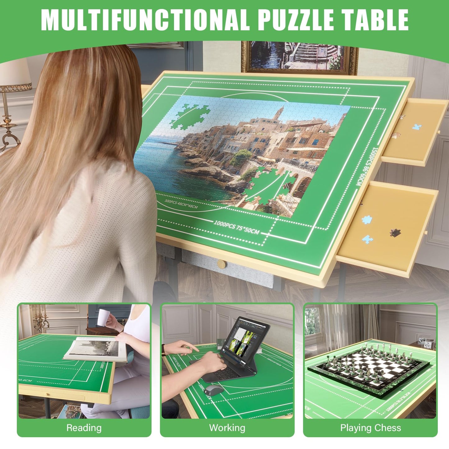 CODACE 1500 Piece Jigsaw Puzzle Table with Legs, Adjustable 5-Tilting-Angle Puzzle Board with 6 Drawers & Cover, 35"x 26" Wooden Board with 4 Wheels for Adults