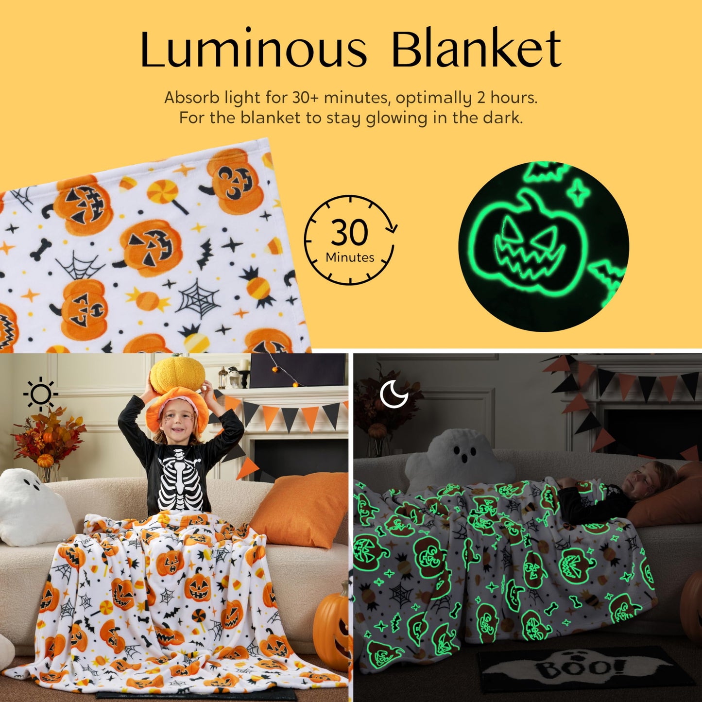 Joiedomi Halloween Blanket Soft Flannel Fleece Throw Blanket Glow in The Dark Halloween Pumpkin for Kids Bed Living Room Gifts 50"×60"