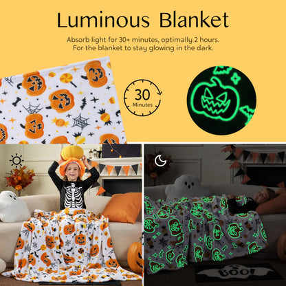 Joiedomi Halloween Blanket Soft Flannel Fleece Throw Blanket Glow in The Dark Halloween Pumpkin for Kids Bed Living Room Gifts 50"×60"