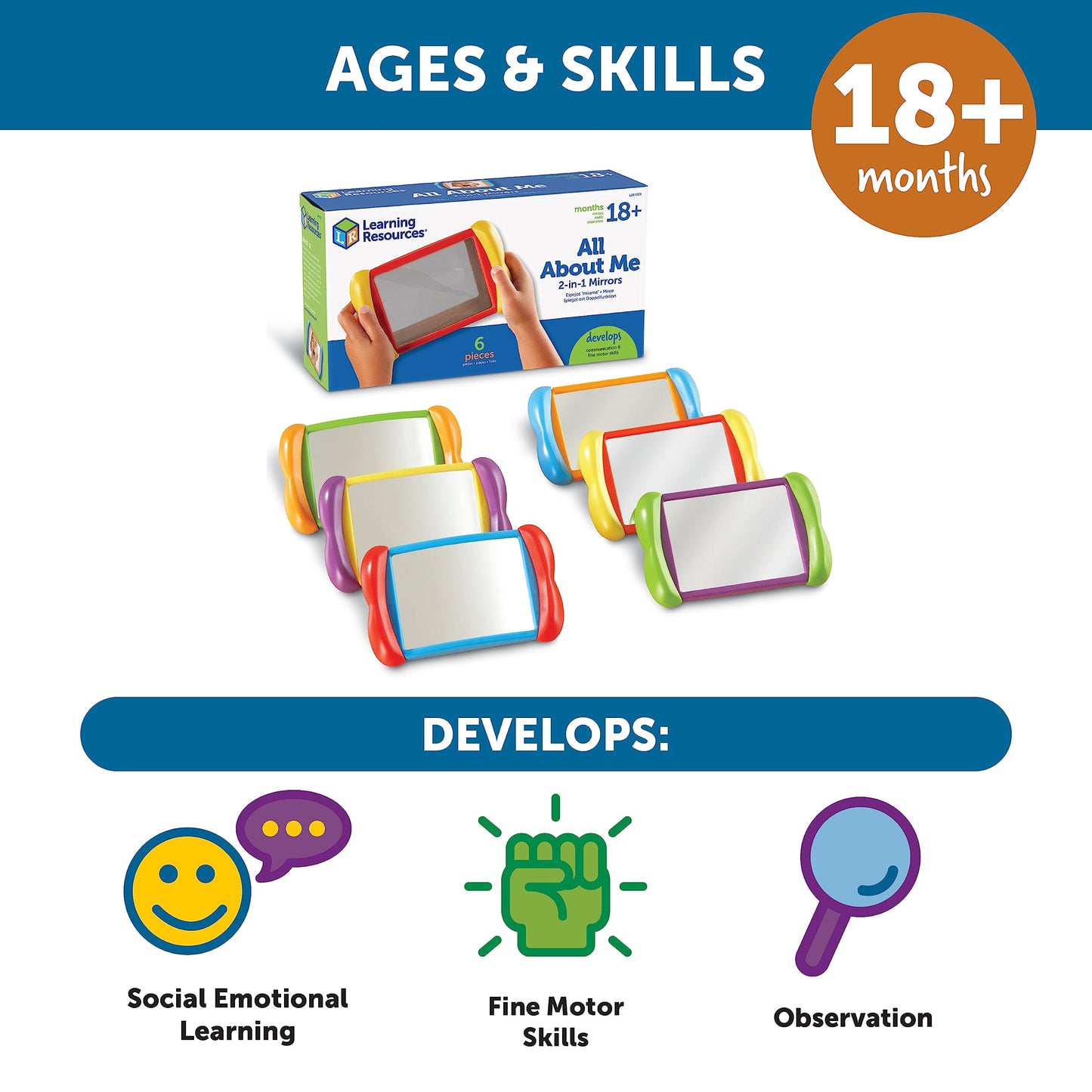 Learning Resources All About Me 2 in 1 Mirrors - 6 Pieces, Ages 18+ Months, Toddler Social Emotional Learning Toys, Mirror for Kids