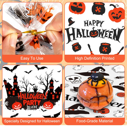 100 Pcs Halloween Treat Bags - Happy Halloweens Goodie Bag, Plastic Halloween Pumpkin Cellophane Bag Bulk, Clear Gift Goody Candy Bags with Twist Ties for Halloweens Party Supplies Favors Decorations