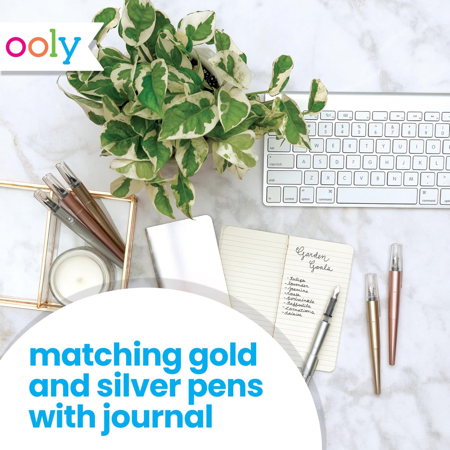 Ooly Modern Script Set - 3 Black Ink Fountain Pens with a 60 Page Journal, Pens are in Metallic Gold, Rose Gold and Silver, Refillable Cartridges - Back to School Supplies