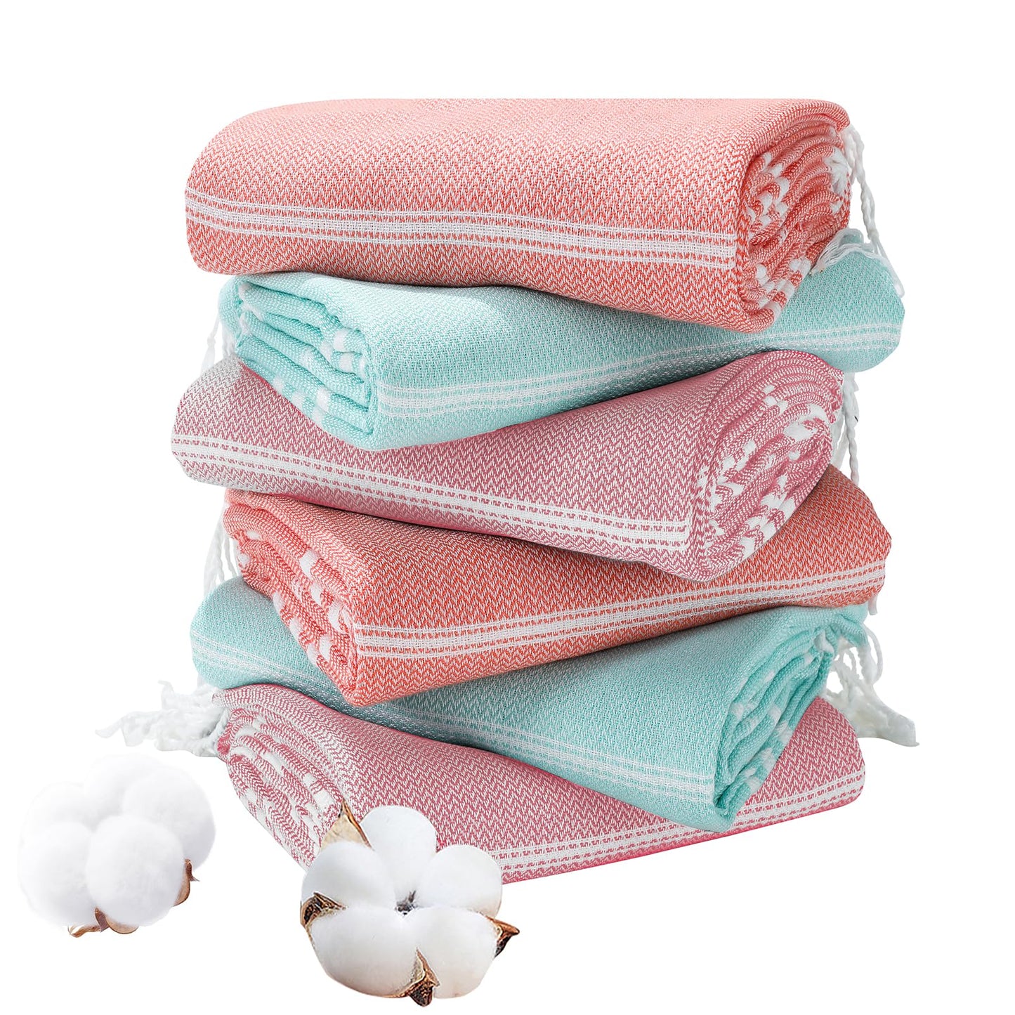 Genovega 6 Packs Oversized Turkish Beach Bath Towel Set Bulk 74"x38" Extra Large Sand Free Quick Dry Swim Camping Pool Clearance Towels Travel Blanket Adult Essentials Red Pink Green Stripe