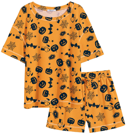 Ekouaer Women's Waffle Knit Two Piece Lounge Set, Soft Matching Outfits for Daily Wear, Casual Shorts Set with Elastic Waist & Pocket