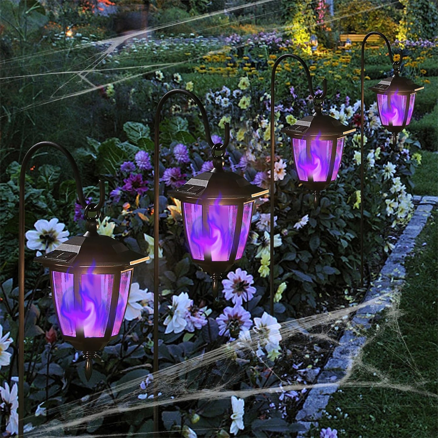 Dynaming 4 Pack Solar Halloween Flame Hanging Lights Outdoor, Flickering Flame LED Garden Lanterns with 4x38 Inch Shepherd Hooks, Landscape Lighting Waterproof for Lawn Yard Pathway Driveway, Purple