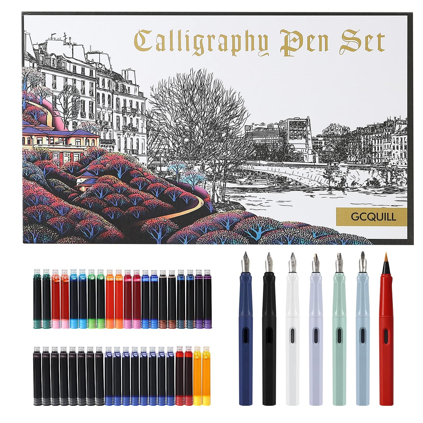 GC QUILL Calligraphy Fountain Pen Set- 7 with Different Nibs and 40 Ink Cartridges for Beginners- MU-09