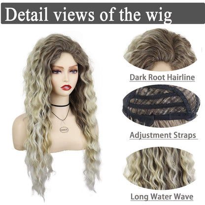 GNIMEGIL 26 Inch Ombre Ash Blonde Curly Wig 80s Long Wavy Wigs For Women Fluffy Synthetic Fiber Carnival Party Halloween Costume Big Volume Hair Brown Shades Blonde Realistic Hairstyle