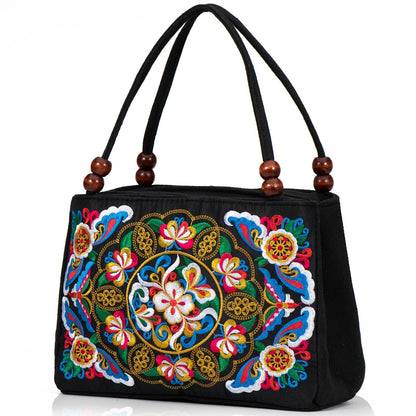 Jursccu Double-Sided Embroidery Totes Bag Travel Beach Bag Vintage Embroidery Ethnic Shoulder Bags