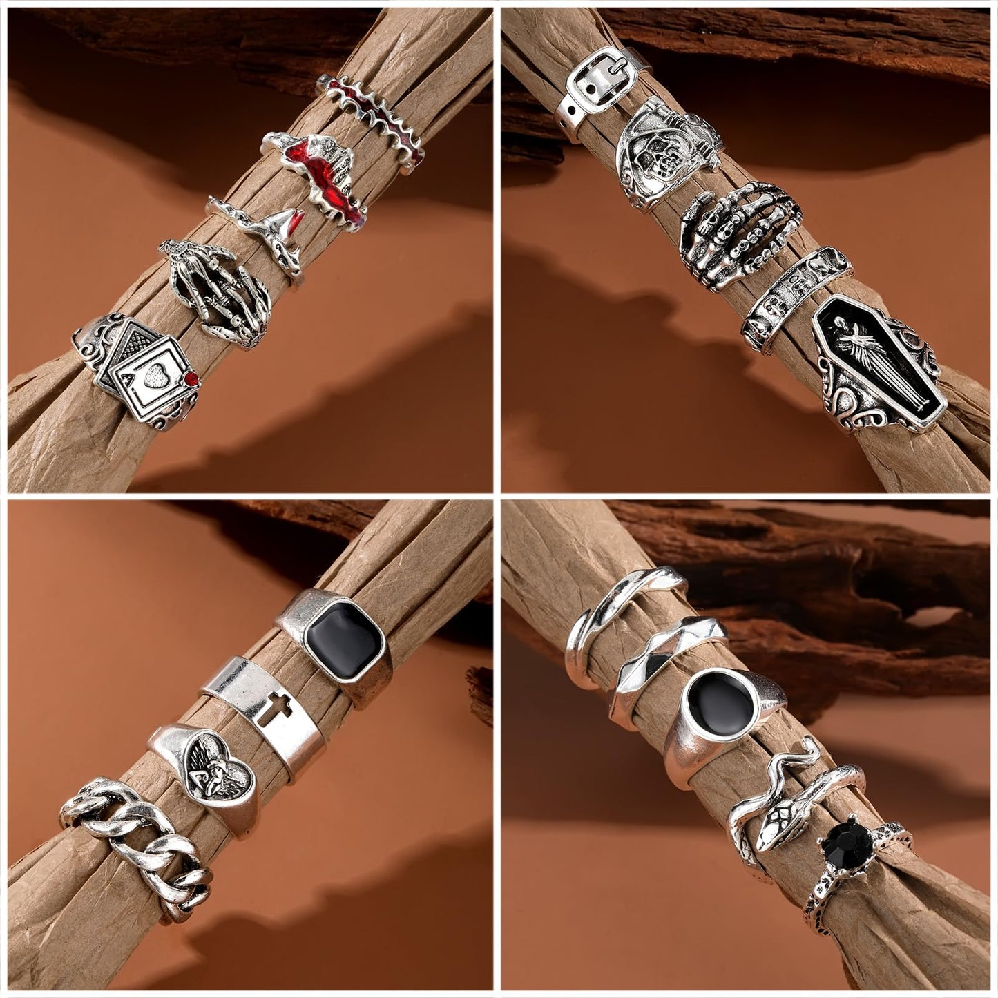 IFKM 25PCS Vintage Silver Knuckle Rings Set for Women, Stackable Joint Finger Statement Rings Bohemian Retro Hollow Carved Midi, Boho Halloween Skeleton Skull Snake Heart Chunky Stacking Pack (Halloween Skull)