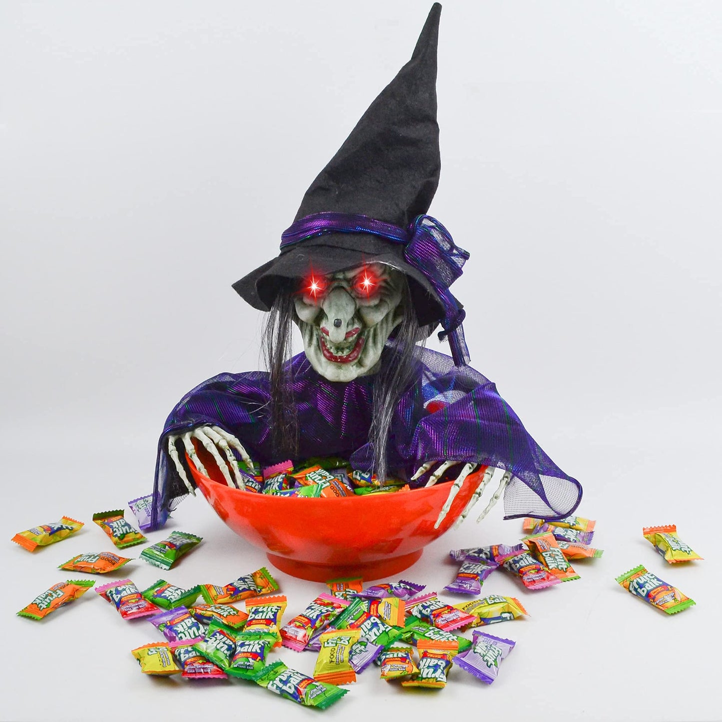 JOYIN Halloween Candy Bowl Dish Witch Decorations Indoor, Haunted House Home Decor Animatronics Animated LED Lights Eyes, Creepy Scary Sound Activated Trick Or Treat
