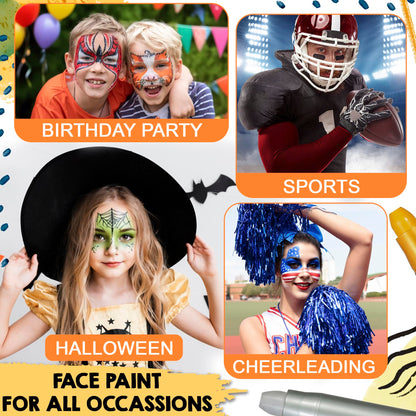 Jim&Gloria Water Based Face Paint Kit with Stencils, 12 Large Professional Face Painting Kit for Kids Party Facepaint Halloween Makeup Washable Body Paint for Adults Skin Color Crayons, Boy Girl Gifts