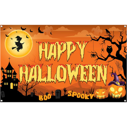 KatchOn Spooky Happy Halloween Banner - XtraLarge, 72x44 Inch | Orange Halloween Photo Backdrop for Decorations & Photography