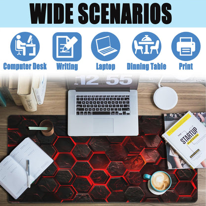 Large Gaming Mouse Pad for Desk,Red Honeycomb Science Technology Desk Mat,Honeycomb Hexagon Desk Pad,Extended Big Computer Keyboard Mouse Pad with Non-Slip Base Stitched Edges 35.4"x15.7"