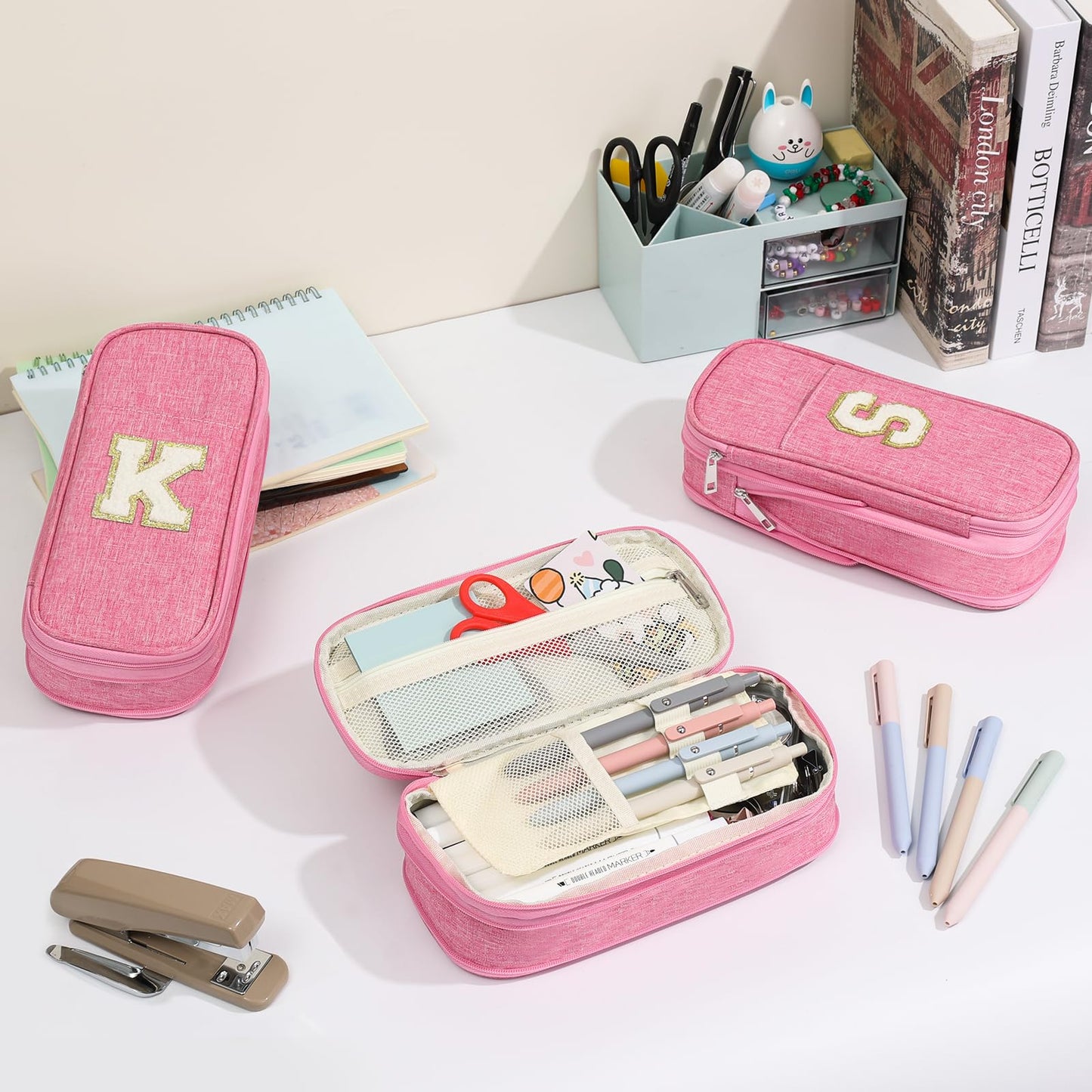 GIFTOXO Pencil Case for Girls Women, Back to School Supplies, Preppy Pencil Case, Large Initial Pencil Pouch with Zipper, Cute Pencil Bag, Aesthetic Pen Case Box for Kids Teen Girls - A(Pink)