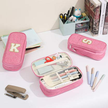 GIFTOXO Pencil Case for Girls Women, Back to School Supplies, Preppy Pencil Case, Large Initial Pencil Pouch with Zipper, Cute Pencil Bag, Aesthetic Pen Case Box for Kids Teen Girls - A(Pink)
