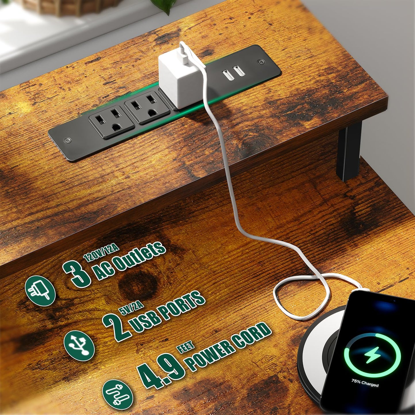 Korfile 47 Inch Computer Gaming Desk with Power Outlets LED Lights Reversible Home Office with Adjustable Fabric Storage Drawers for Working Writing Study, Rustic Brown