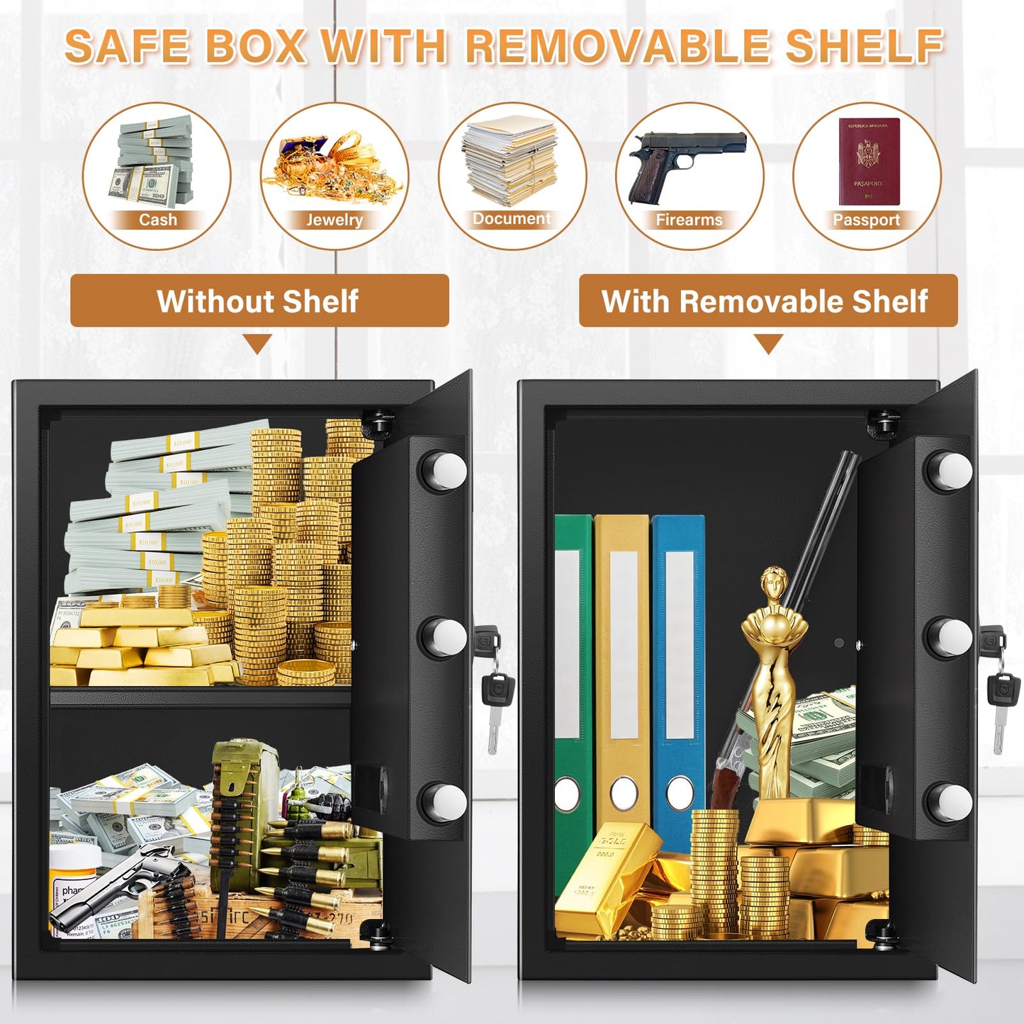 3.3 Cub Large Home Safe Fireproof Waterproof, Anti-theft Fireproof Safe Box with Programmable Keypad, Spare Keys and Removable Shelf, Digital Security Safe for Home Money Firearm Documents Medicines