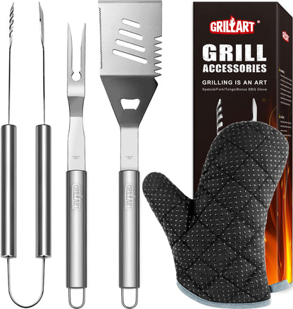 GRILLART Grill Tools Grill Utensils Set - 3PCS BBQ Tools, Stainless Barbeque Grill Accessories -Spatula/Tongs/Fork w/Insulated Glove, Ideal BBQ Set Grilling Tools for Outdoor Grill, Gifts for Men Dad