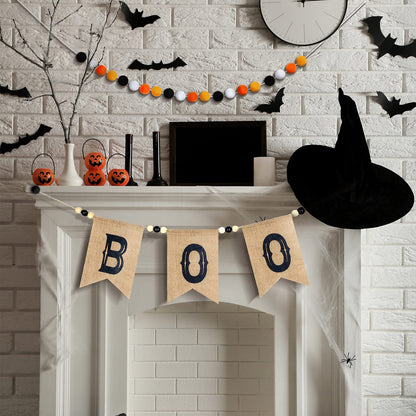 2 Pcs Pre Strung Happy Halloween Banners Rustic Burlap Boo Banners with Felt Ball Pom Pom Garland for Halloween Decorations Indoor Fireplace Mantle Walls Decor