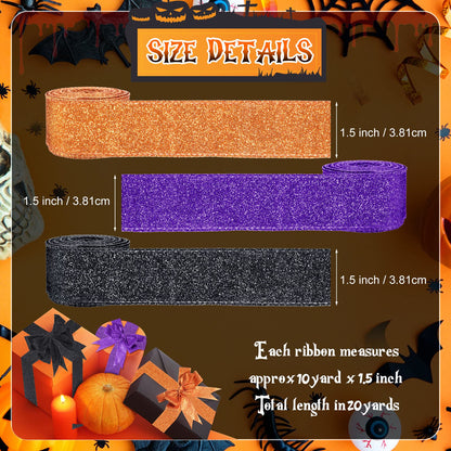Juinte 3 Roll 30 Yards Halloween Glitter Wired Ribbon Halloween Party Favors Decor Gift Wrapping Ribbon for Craft Headband Bow Decor(1.5 Inch,Black, Orange, Purple)