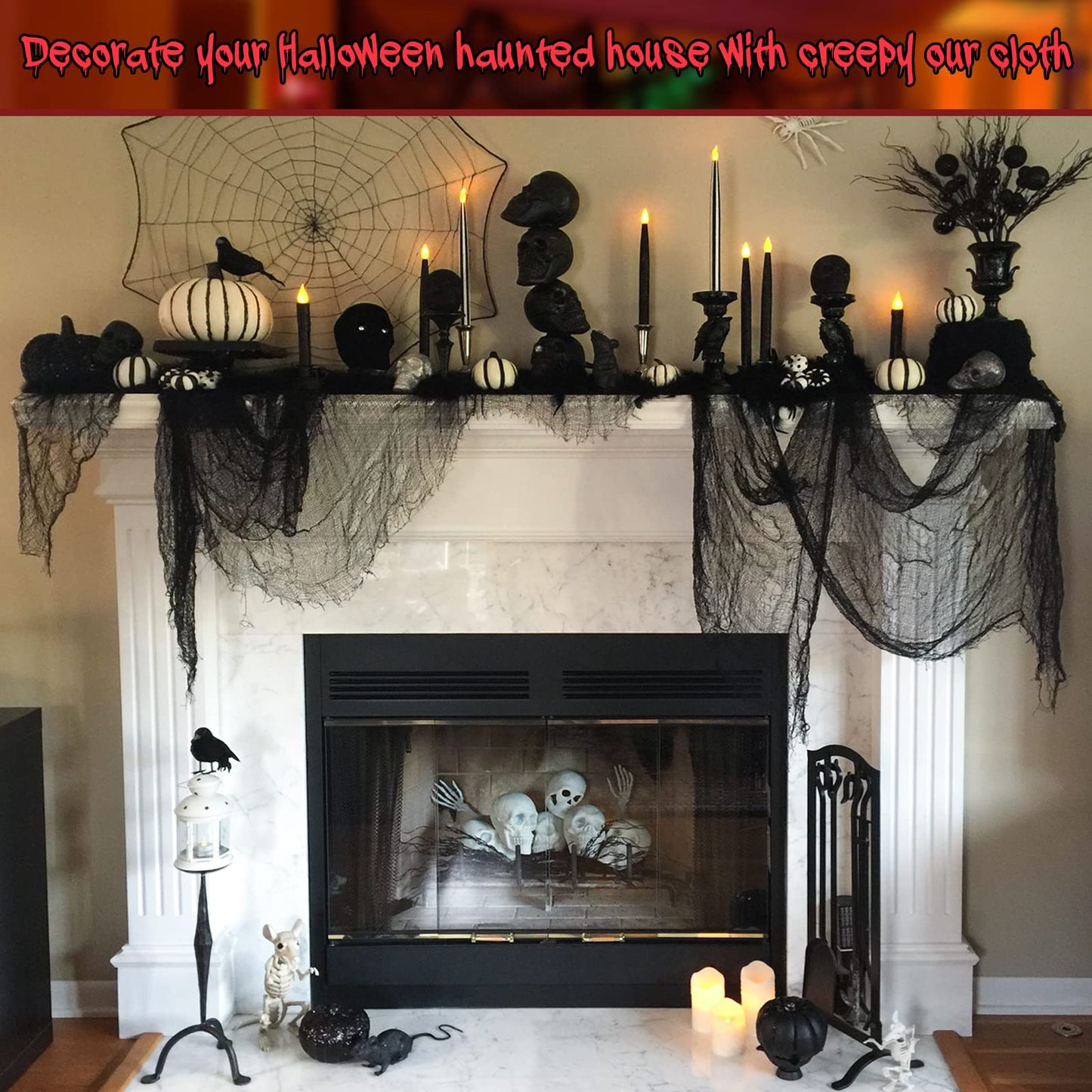 Legigo 6 Pack Balck Halloween Creepy Cloths Cheesecloths, Spooky Black Mesh Fabric Cheese Cloths for Crafts, Scary Gauze Fabric for Party Supplies Home Wall Doorway Outdoor Yard Decor