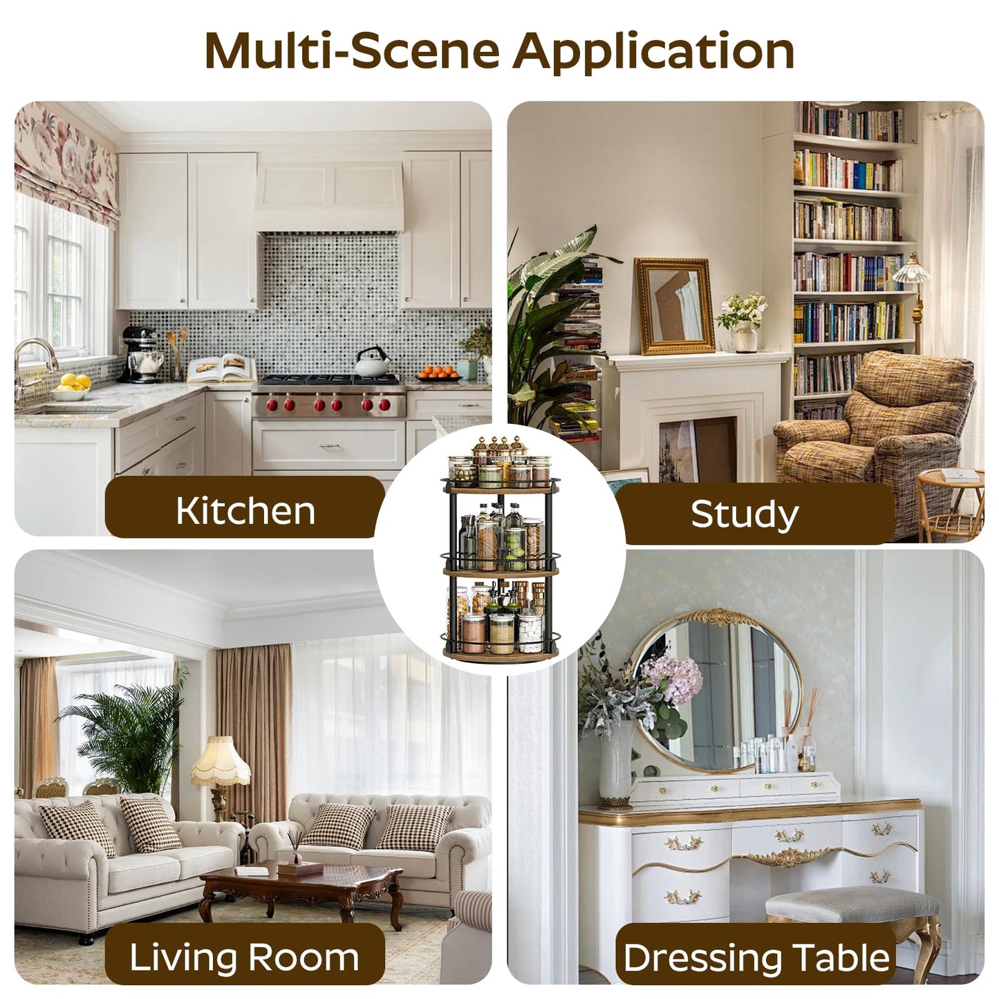 3-Tier Lazy Susan Organizer, Rotating Spice Rack, Spinning Organizer, Industrial Turntable Spice Rack Organizer for Cabinet, Kitchen Countertop, Pantry, Rustic Brown and Black SR23BR