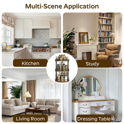 3-Tier Lazy Susan Organizer, Rotating Spice Rack, Spinning Organizer, Industrial Turntable Spice Rack Organizer for Cabinet, Kitchen Countertop, Pantry, Rustic Brown and Black SR23BR