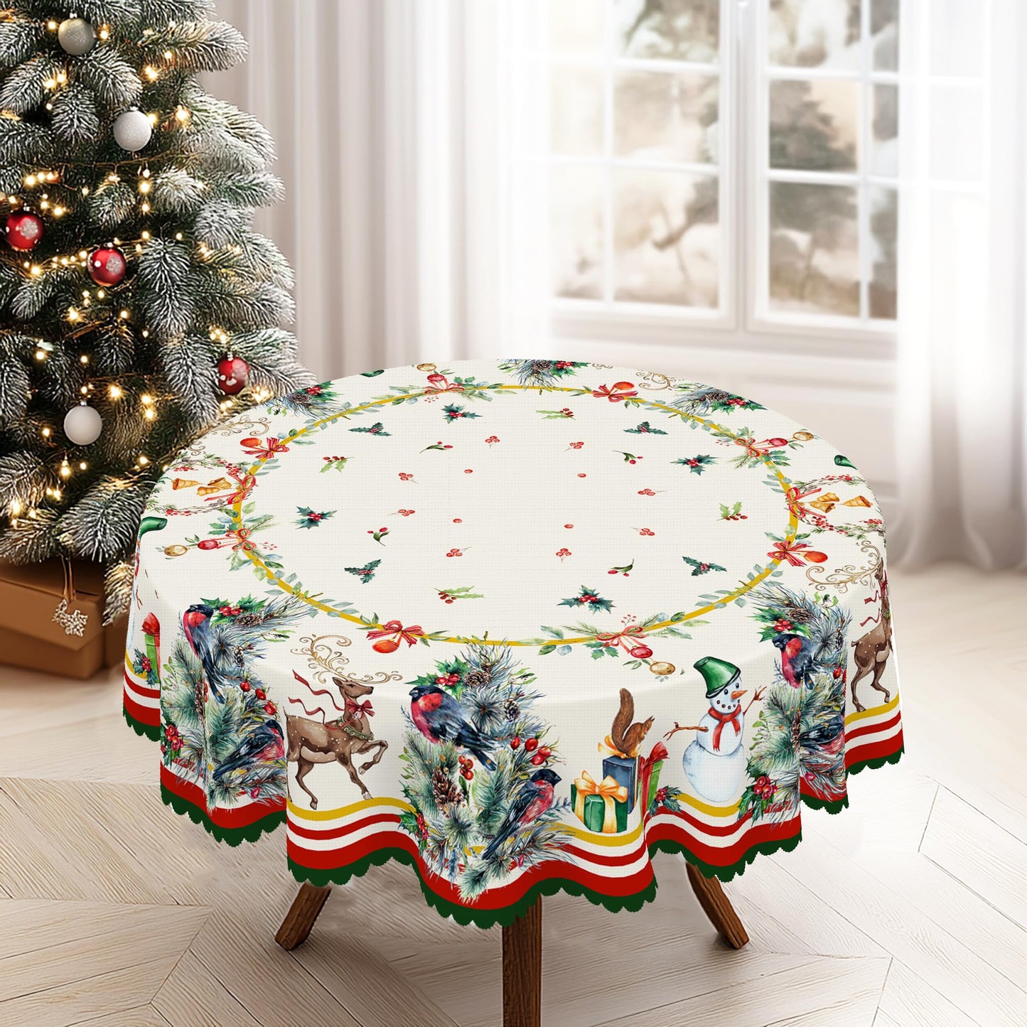 Eikione Christmas Round 60In Tablecloth Polyester Waterproof Stain Wrinkle Free, Christmas Reindeer Table Cover for Home Kitchen Dining Party