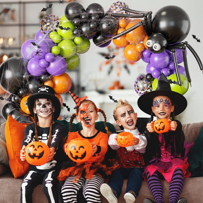 Halloween Balloon Garland Arch Kit with Big Spider DIY Balloons, 131 Pcs Black Orange Lime Green Purple Confetti Latex Balloons Arch with 3D Bats & Spider Web for Halloween Party Decorations Supplies