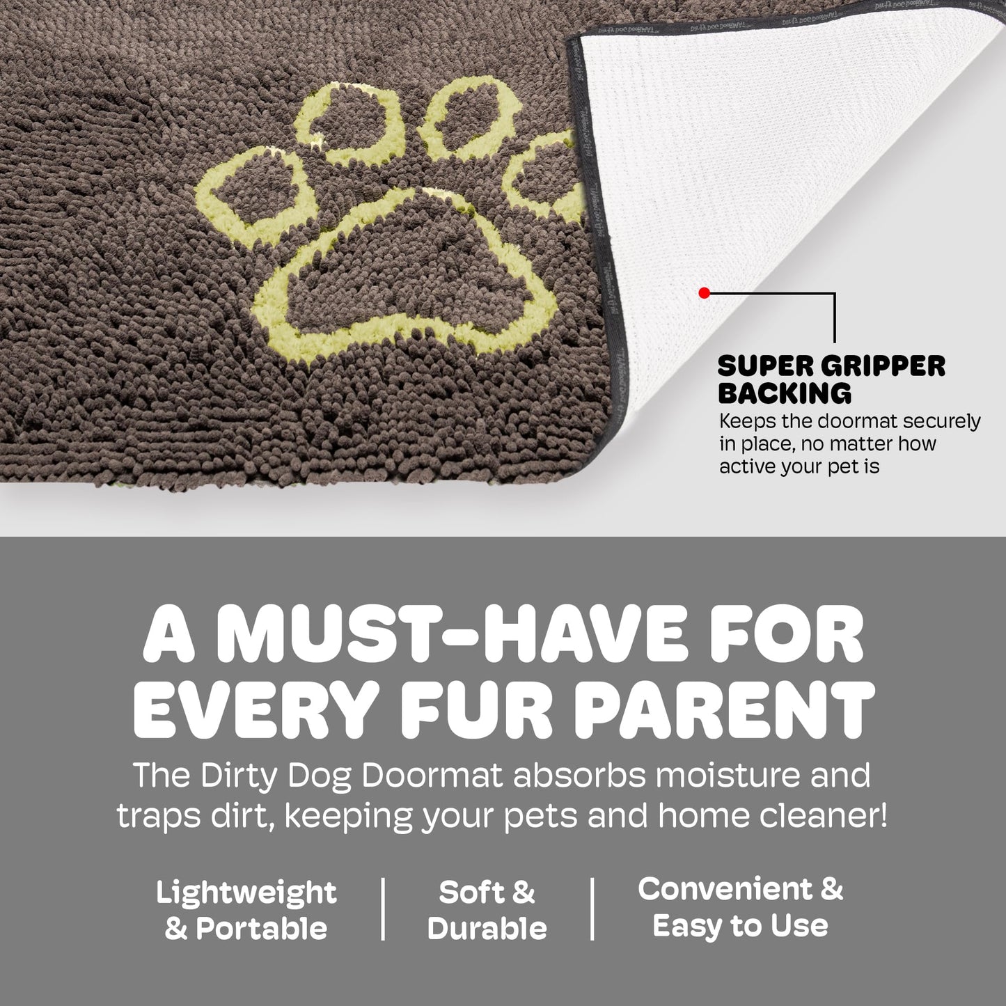 Dog Gone Smart Dirty Dog Doormat - Fast Drying Rug with Super Gripper Backing for Clean Floors - Super Absorbent and Machine Washable Mat for Muddy Paws - Cool Grey