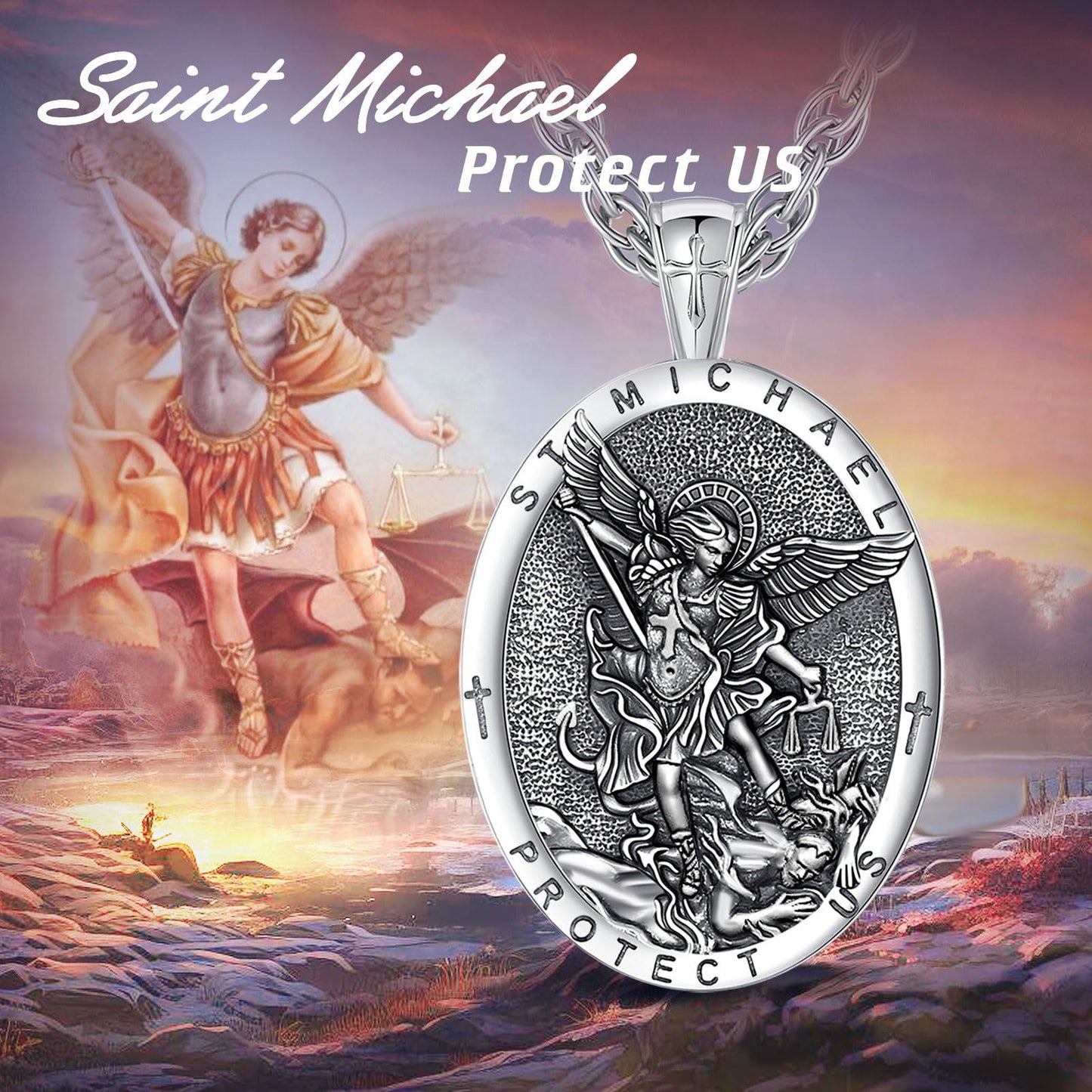 EUDORA St Saint Michael Necklace Medal for Women Men S925 Sterling Silver, Archangel St Michael Pendant for Protection Medalla de San Miguel Arcangel Christian Jewelry Gifts for Mens Women, 22"+2"