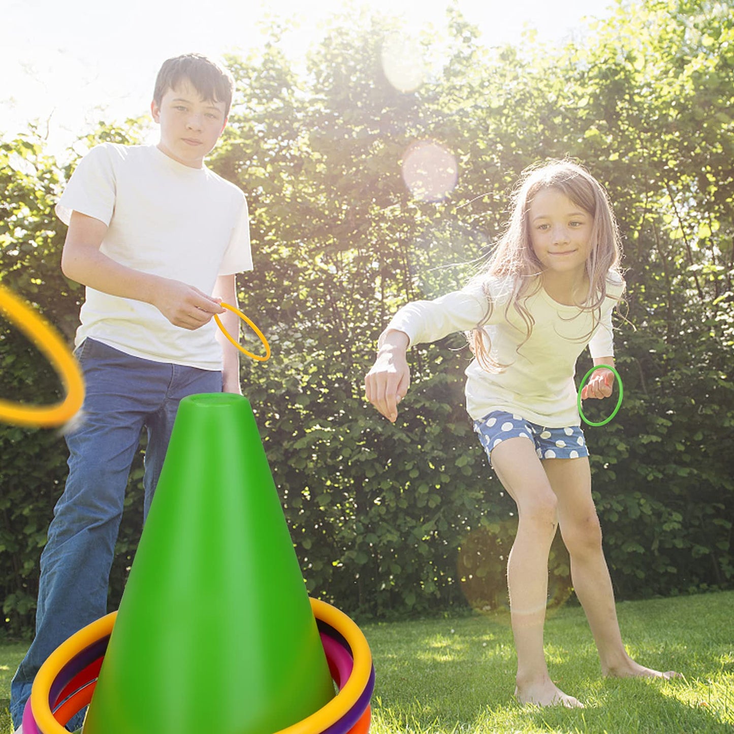 Win SPORTS 3 in 1 Carnival Outdoor,Combo Games Set,Soft Plastic Cones,Cornhole Bean Bags,Ring Toss Game,Kids Birthday Party Outdoor Games Supplies 26 Piece Set