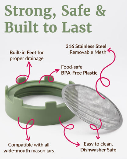 Elementi Sprouts Growing Kit for Wide Mouth Mason Jars, Set of 2 Sprouting Lids for Organic Alfalfa & Mung Bean Sprouts Grow Kit, 316 Stainless Steel Mesh Screen Strainer Lid (Sage Green)