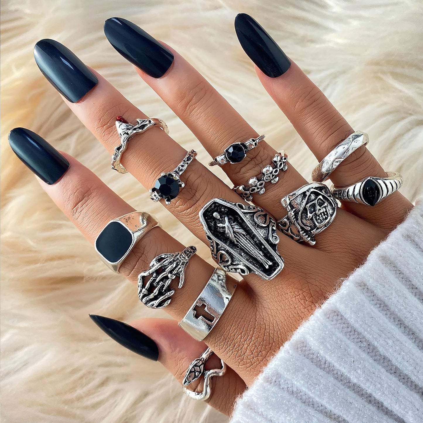 IFKM 25PCS Vintage Silver Knuckle Rings Set for Women, Stackable Joint Finger Statement Rings Bohemian Retro Hollow Carved Midi, Boho Halloween Skeleton Skull Snake Heart Chunky Stacking Pack (Halloween Skull)