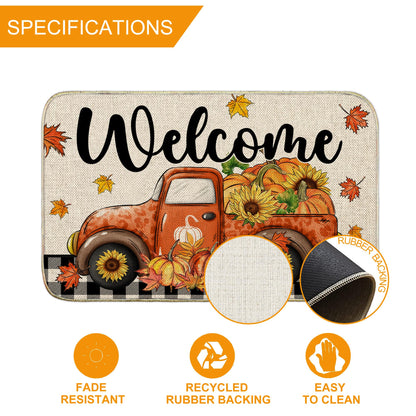 Fall Door Mat, Welcome Fall Outdoor Mat for Front Door, Autumn Pumpkins with Truck Black and White Buffalo Plaid Seasonal Non Slip Doormat for Entrance Entryway Outside, 17x29 Inches