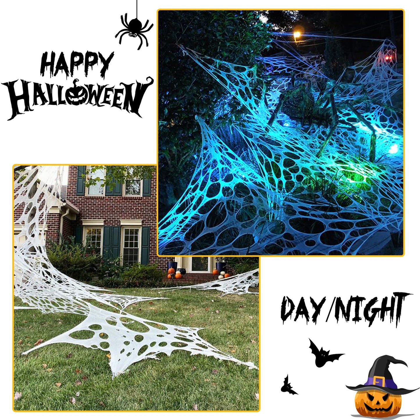 JOYSELLER 2 Packs Spider Web Halloween Decorations Outdoor, Stretchy 900 sqft Halloween Spider Web, Cut-Your-Own Flexible Spider Webbing for Halloween Decor (Spiders Not Included)